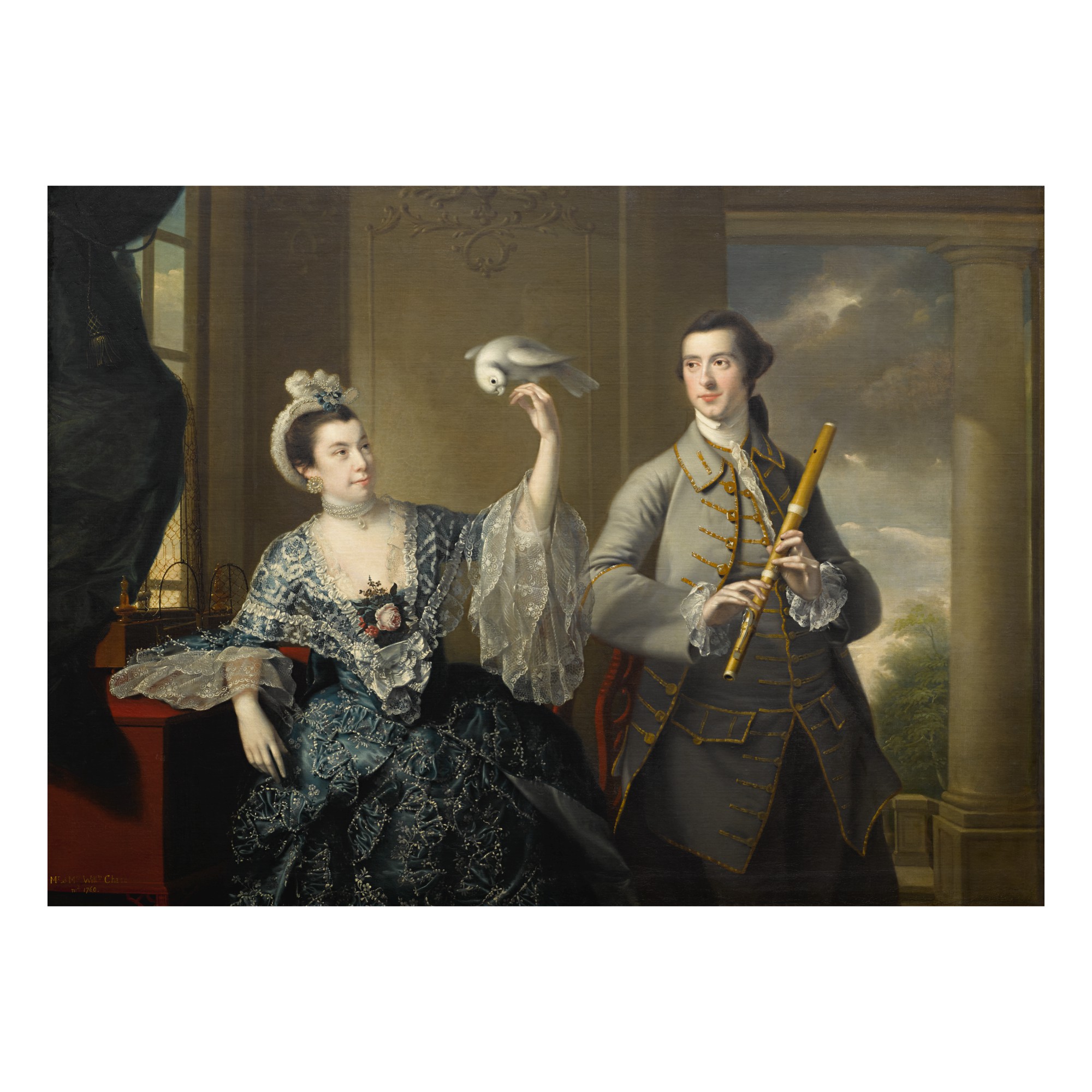 Mr. and Mrs. William Chase, three-quarter length, in an interior by a window, the latter holding a bird