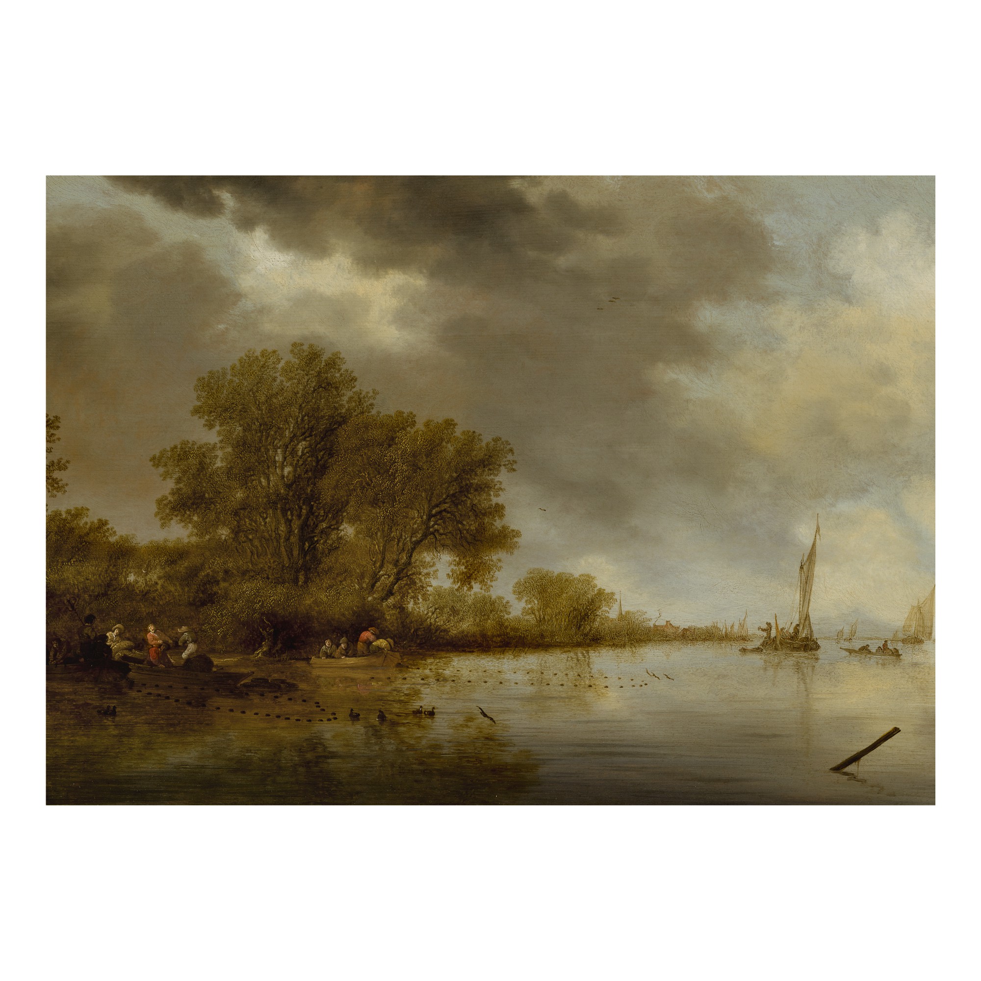River landscape with fishermen tending their nets along a bank
