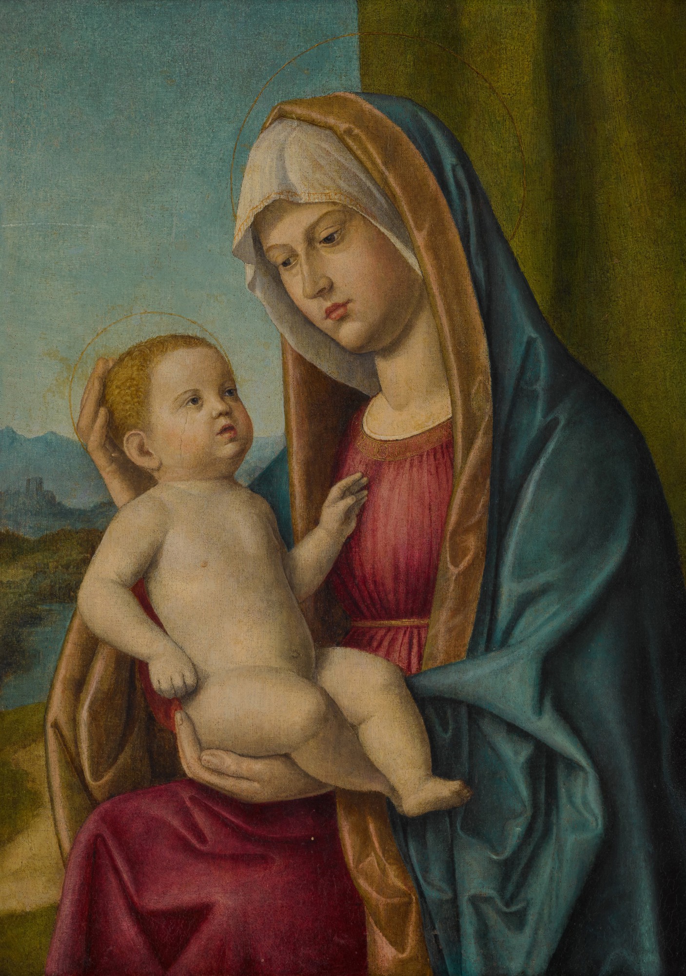 Circle of Giovanni Battista Cima da Conegliano — Madonna and Child before a green curtain and a landscape