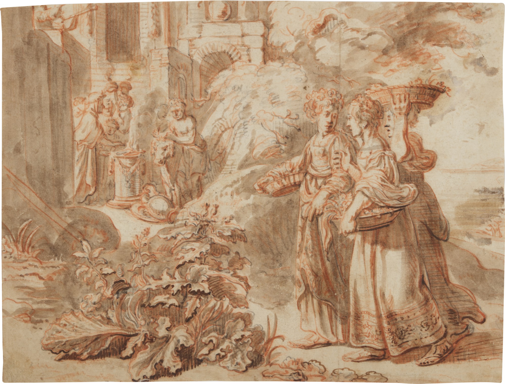 Circle of Pieter Lastman — Woman carrying baskets up to the walls of a city, a sacrifice being prepared in the background