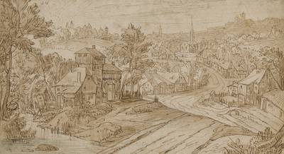 Village landscape with a church in the distance