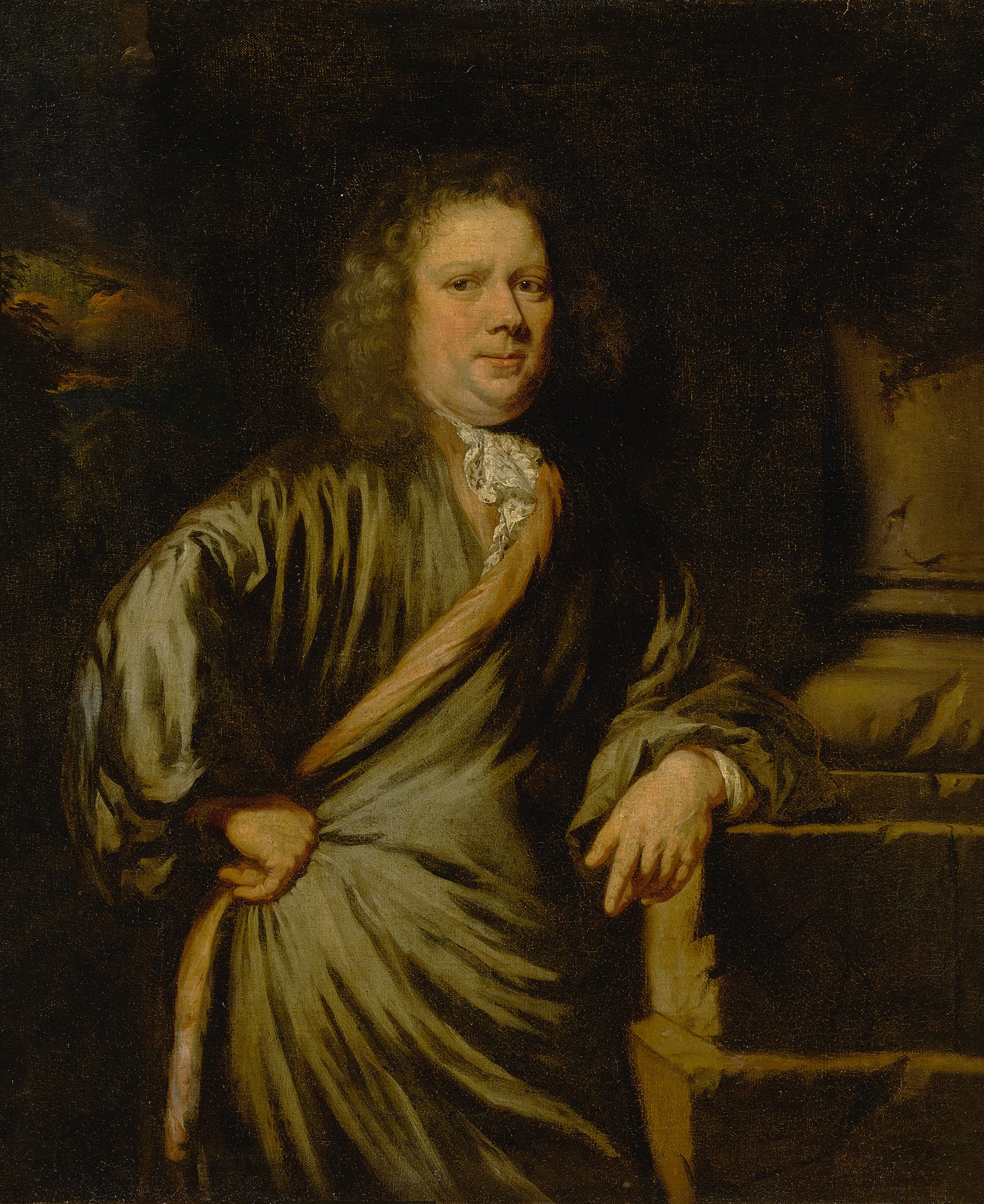Portrait of a gentleman, in a grey cloak, resting his left arm on the base of a column
