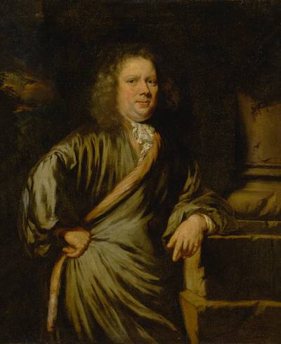 Portrait of a gentleman, in a grey cloak, resting his left arm on the base of a column
