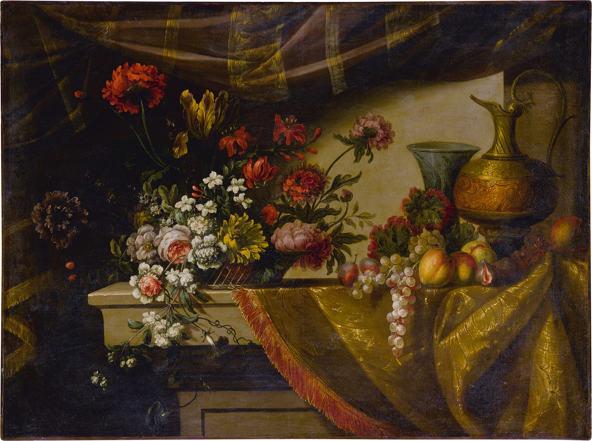 French School, circa 1600 — Still llfe of fruit, a basket of flowers, an ewer and vase, all on a table draped with fabric