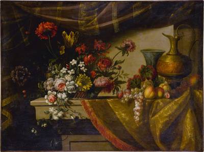 Still llfe of fruit, a basket of flowers, an ewer and vase, all on a table draped with fabric
