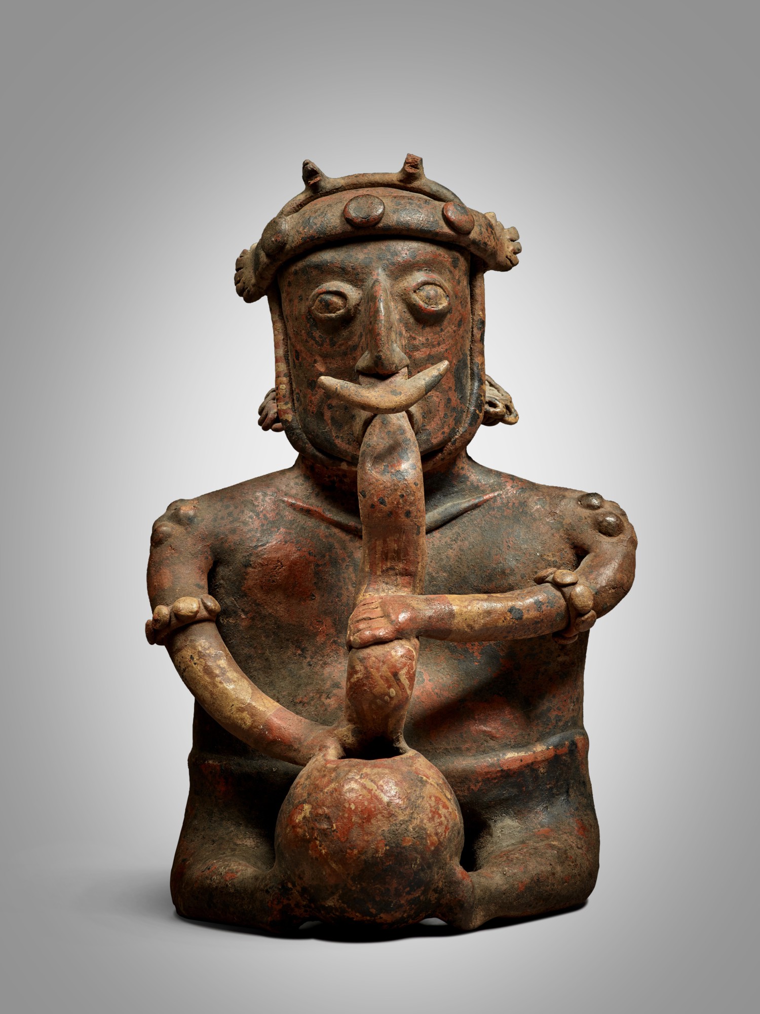 Nayarit Seated Figure with Bowl and Tube, Ixtlán del Rio style, Protoclassic, circa 100 BC - AD 250