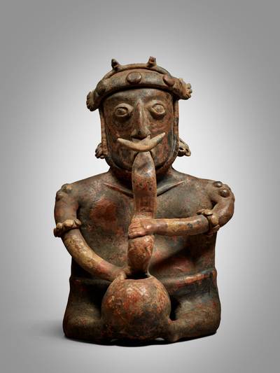Nayarit Seated Figure with Bowl and Tube, Ixtlán del Rio style, Protoclassic, circa 100 BC - AD 250
