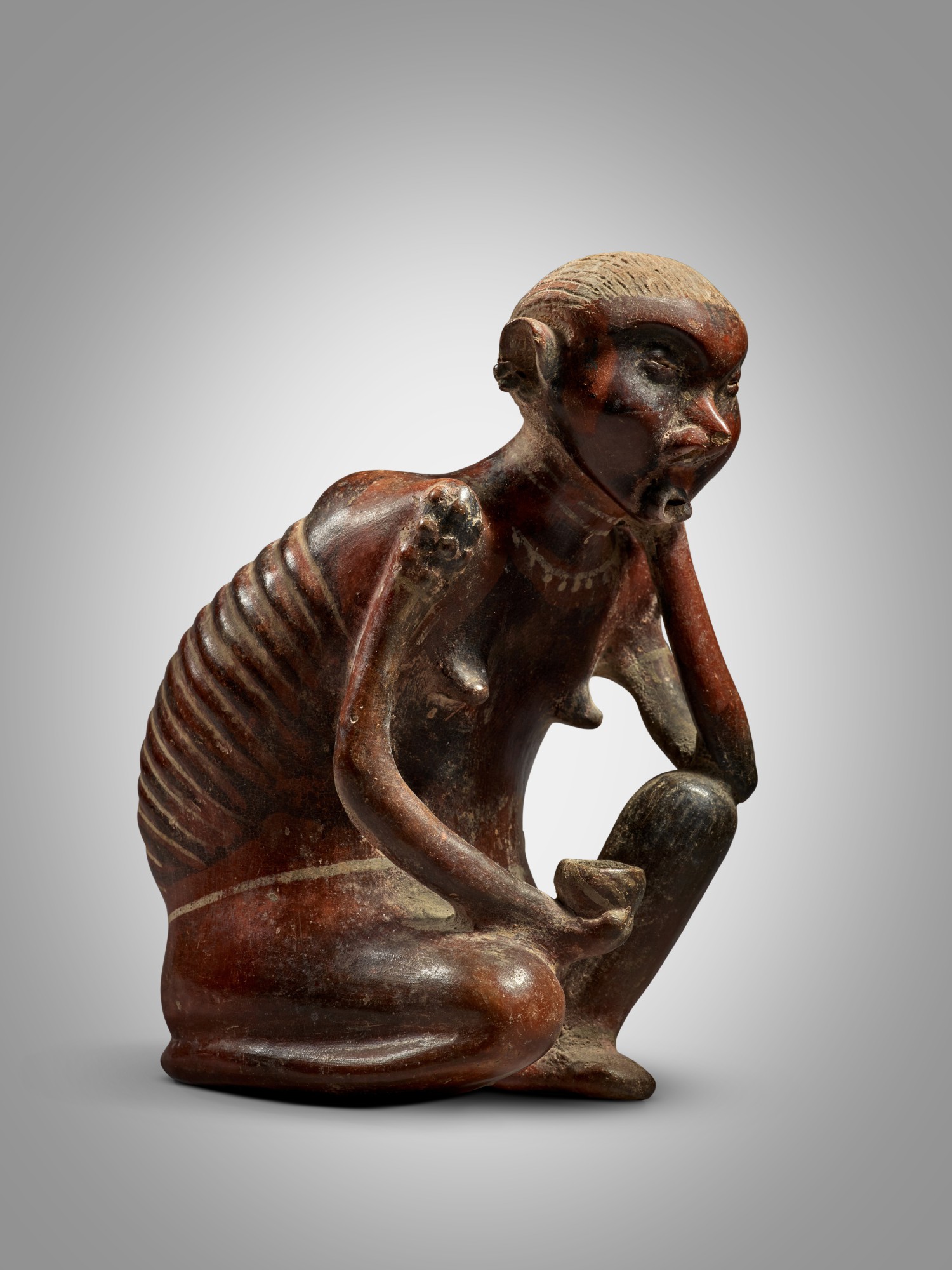 Height: 8 3/4 in (22.2 cm) — Nayarit Seated Female Figure with Bowl, Lagunillas Type B, Protoclassic, circa 100 BC - AD 250