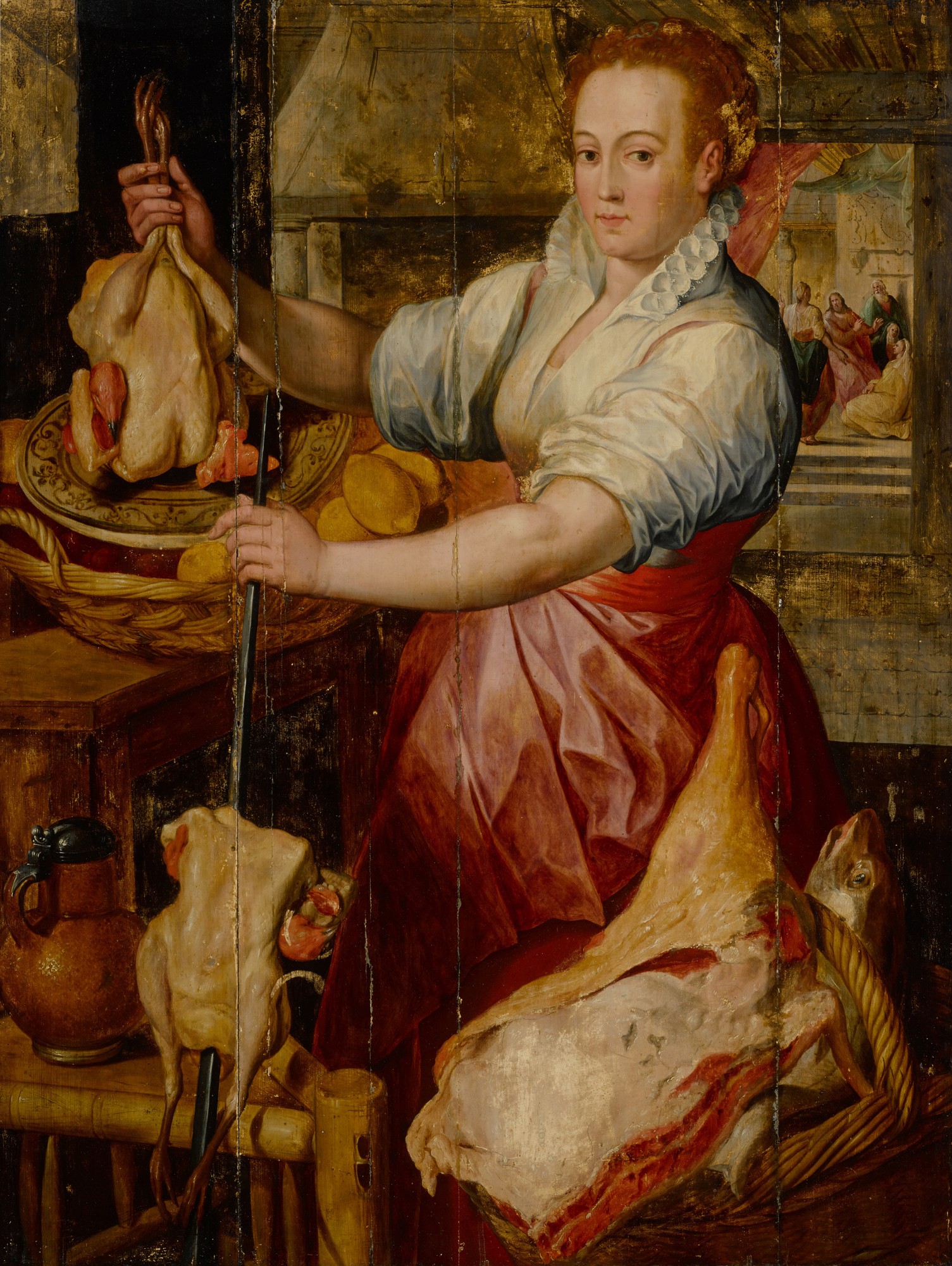 Workshop of Joachim Beuckelaer — Kitchen maid preparing meat with Christ in the House of Mary and Martha beyond