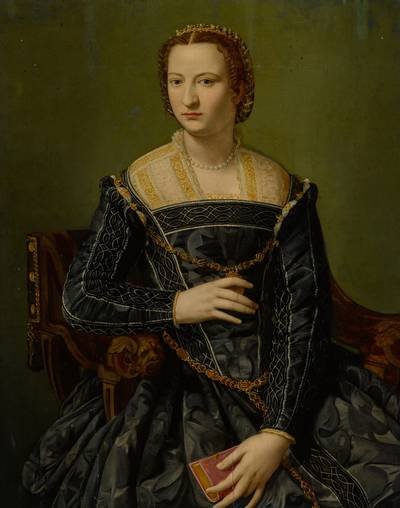 Portrait of a lady in black, holding a book, three-quarter length