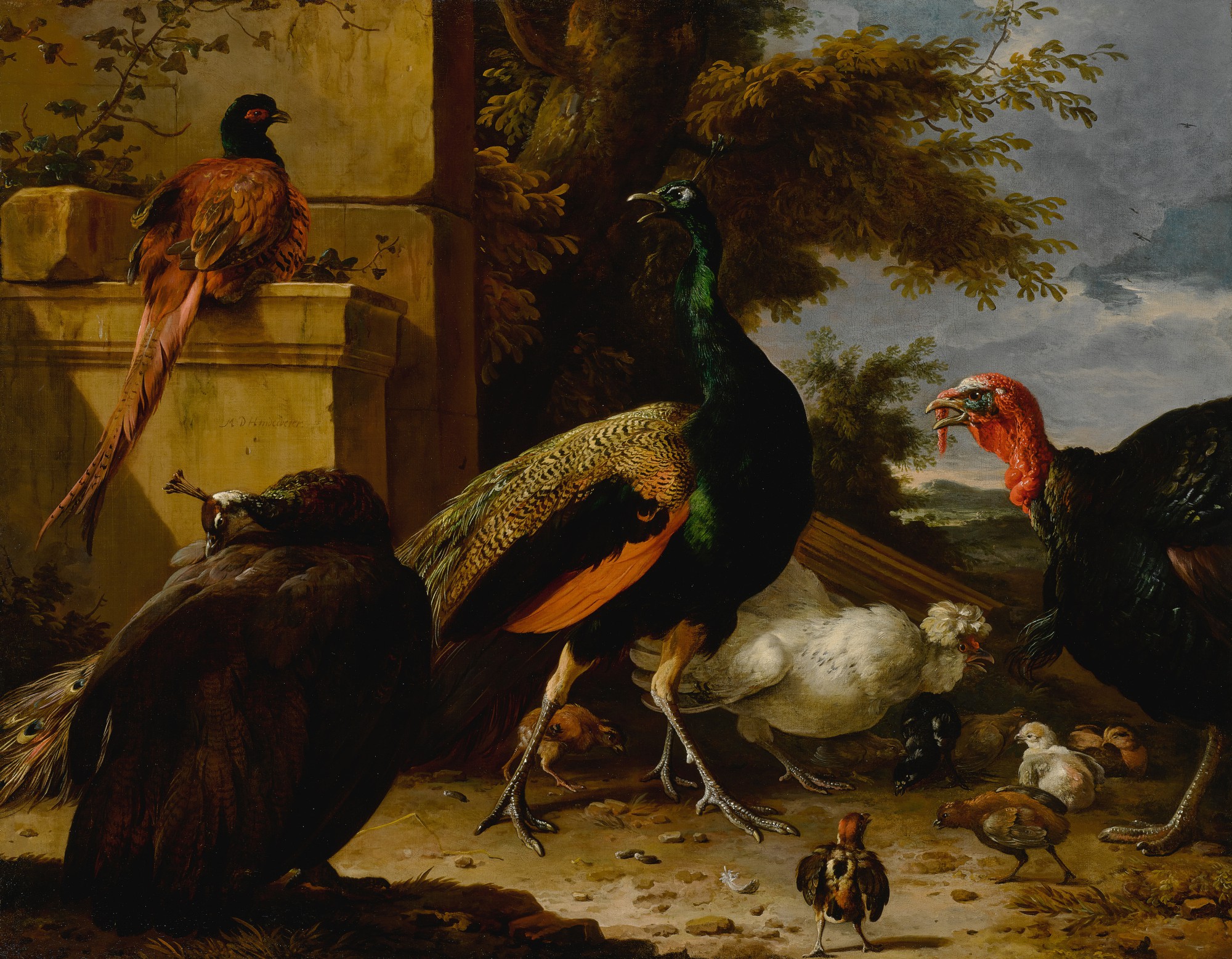 Unknown — A peacock, pea-hen, pheasant, turkey, cockerel and chick by a wall, a landscape beyond