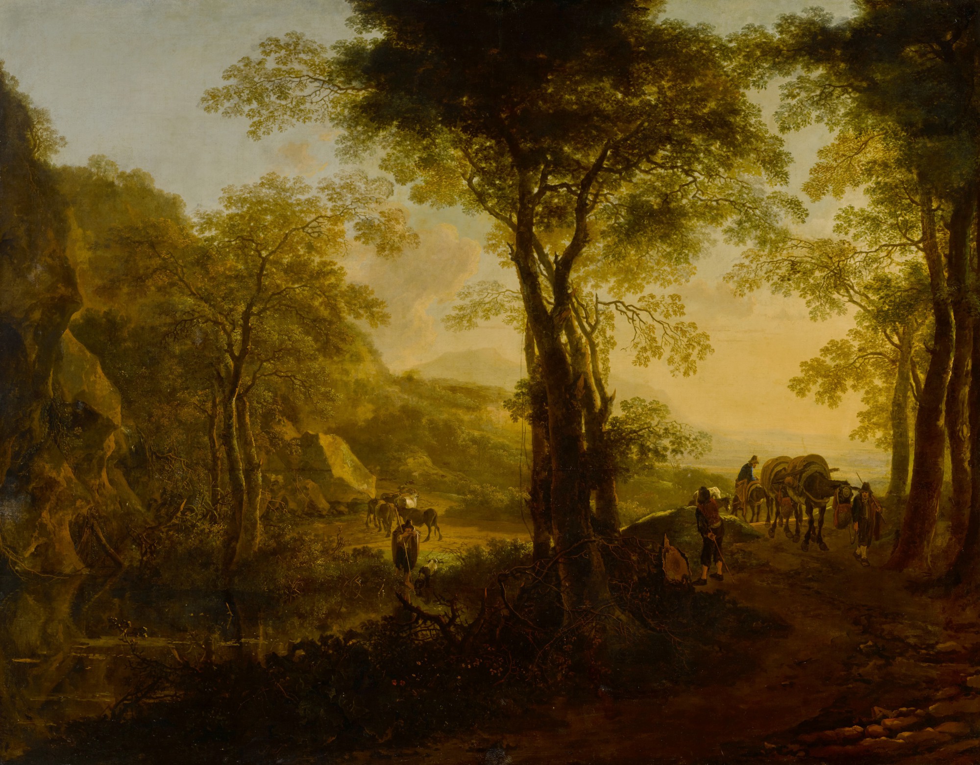 Jan Both — Italianate landscape at sunset, with travelers on a country road