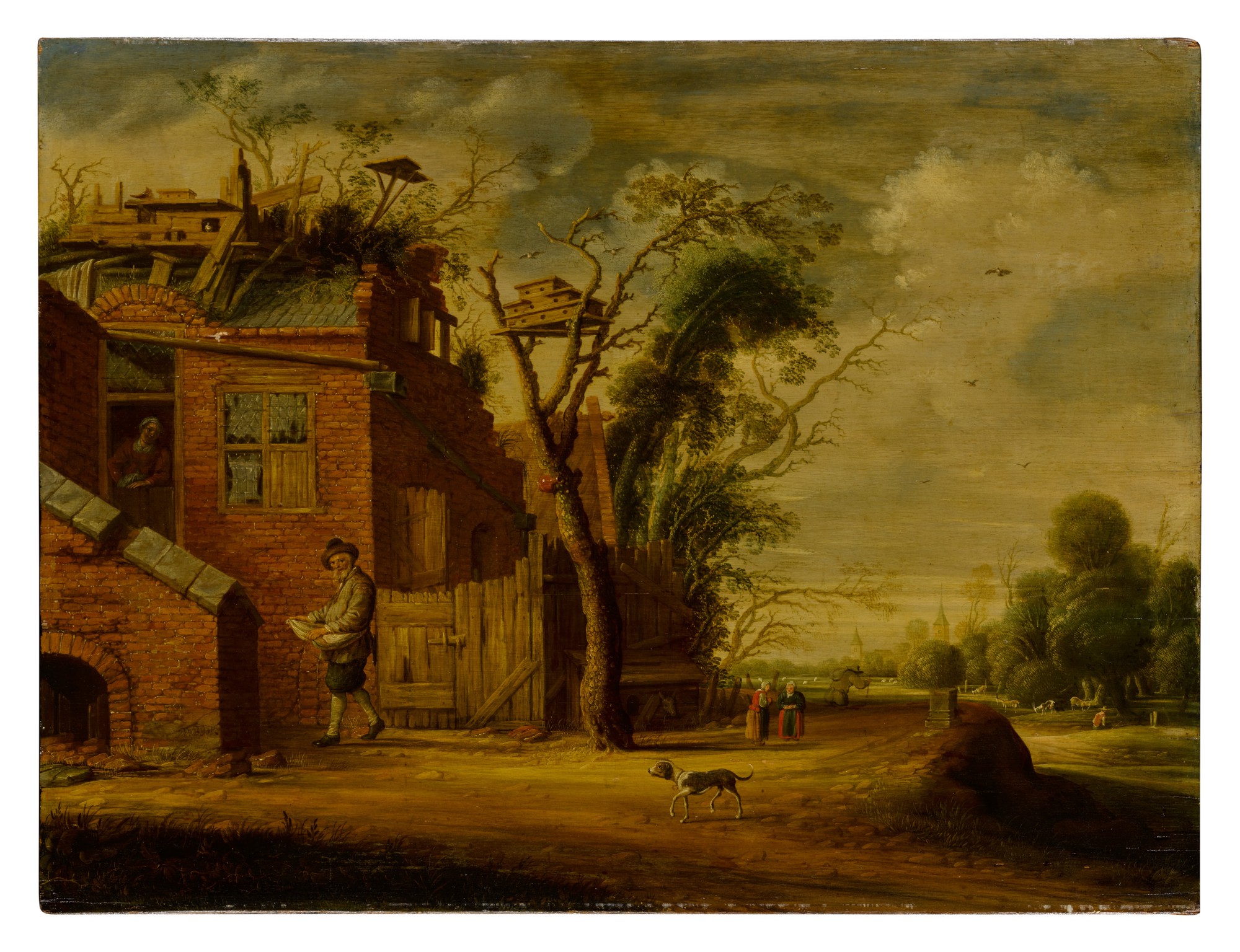 Circle of Joachim Govertsz. Camphuysen — Country landscape with a hennetaster before a cottage with dovecote