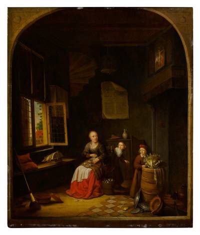 Interior of a kitchen with a seated woman peeling onions, a child hiding behind her, and a child holding a cabbage on a barrel