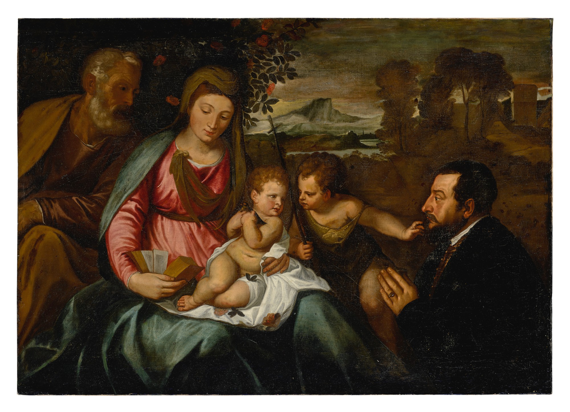 Circle of Tiziano Vecellio, called Titian — The Holy Family with Saint John the Baptist and a donor