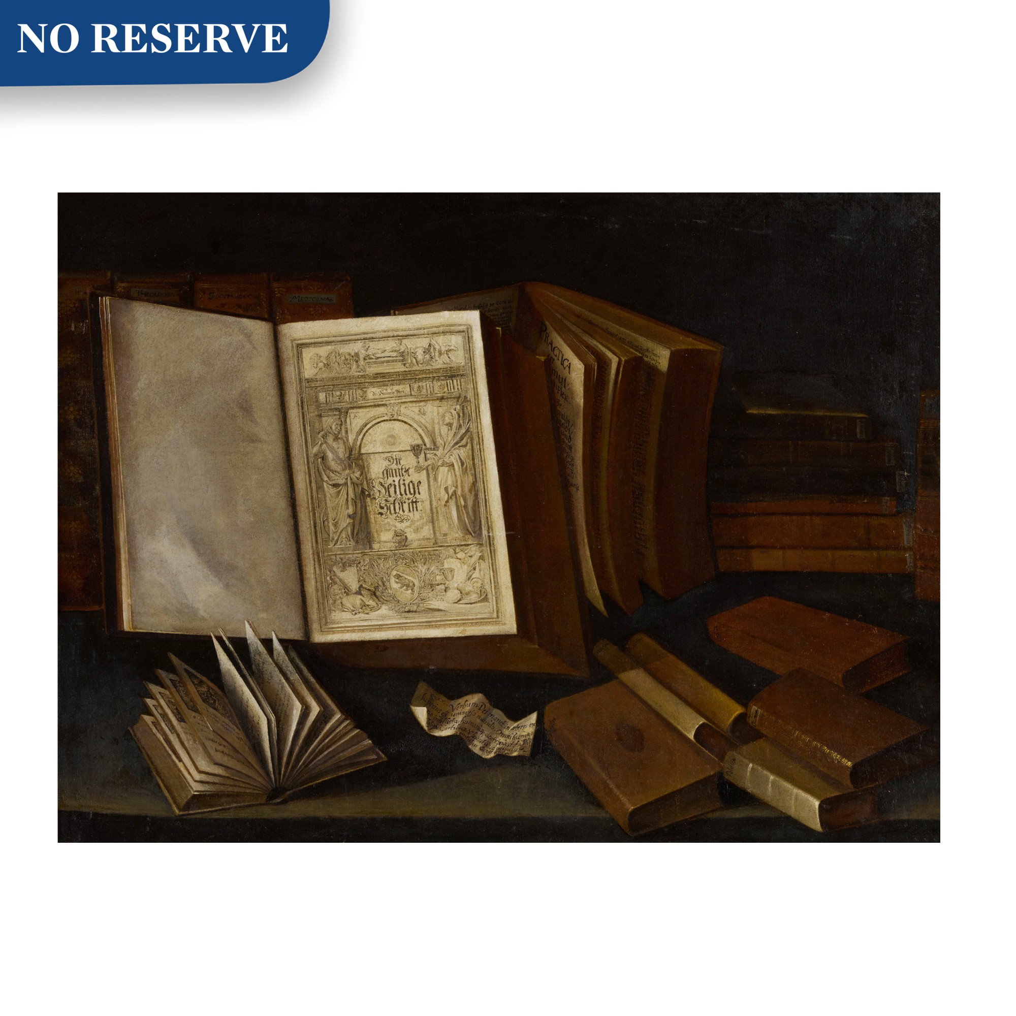 Unknown — Still life of various books including the Piscator Bern Bible of 1684 and a small piece of paper that reads Verbum Dei manet in aeter[num]