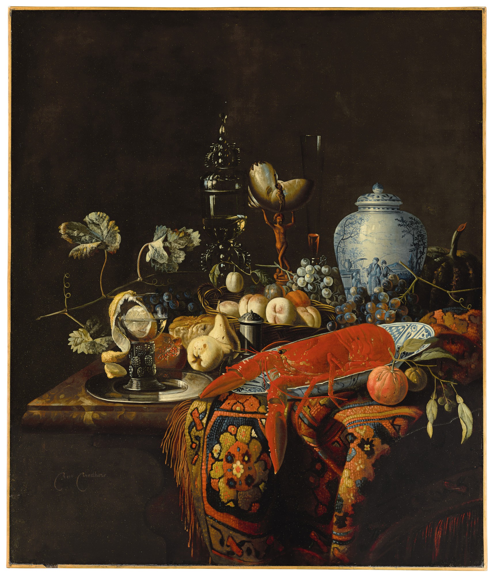 Huybert van Westhoven — A monumental still life with fruit and various objects