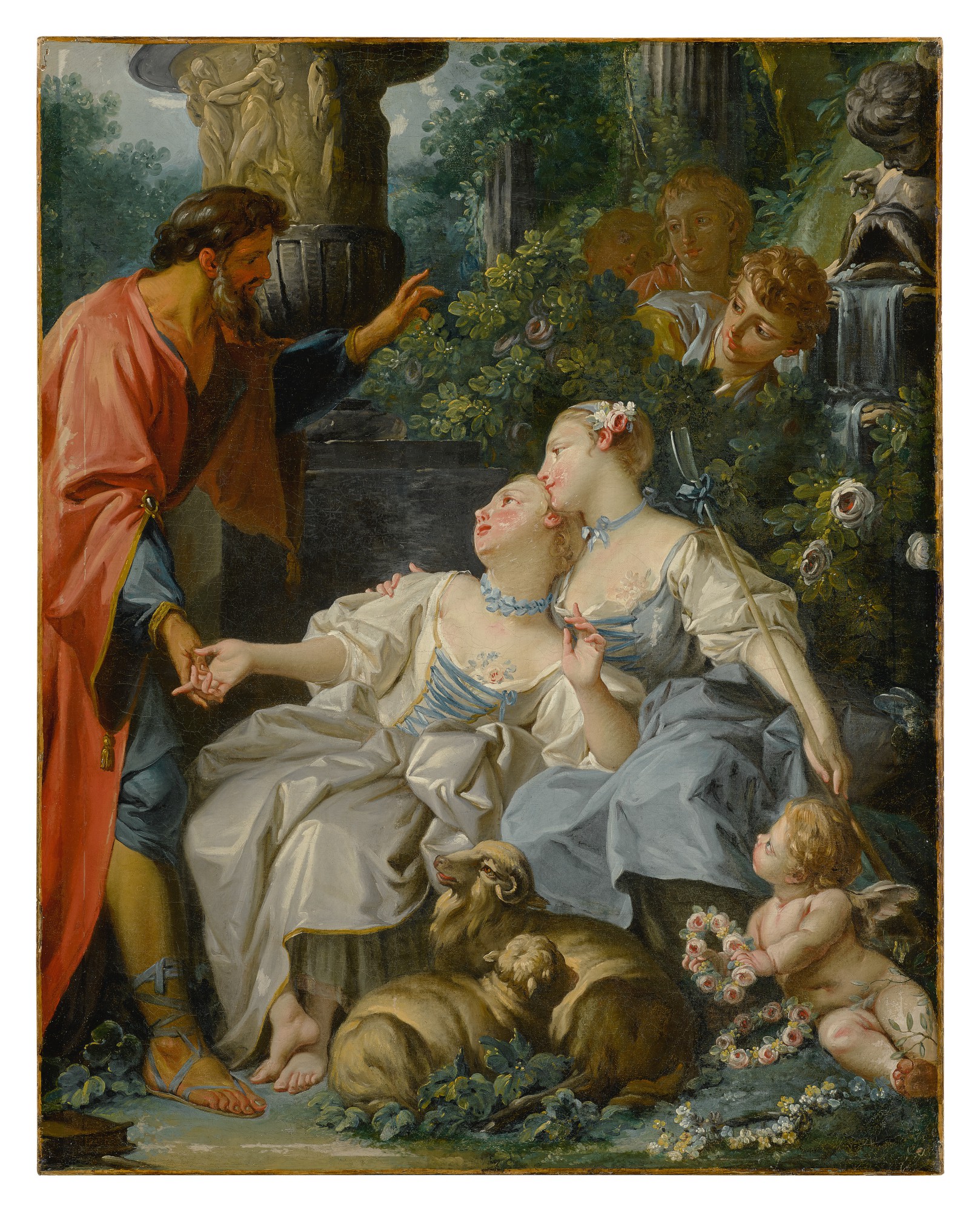 Attributed to Jean-Baptiste Huët — Two shepherdesses in a garden speaking to a shepherd, a putto below and three young men behind them