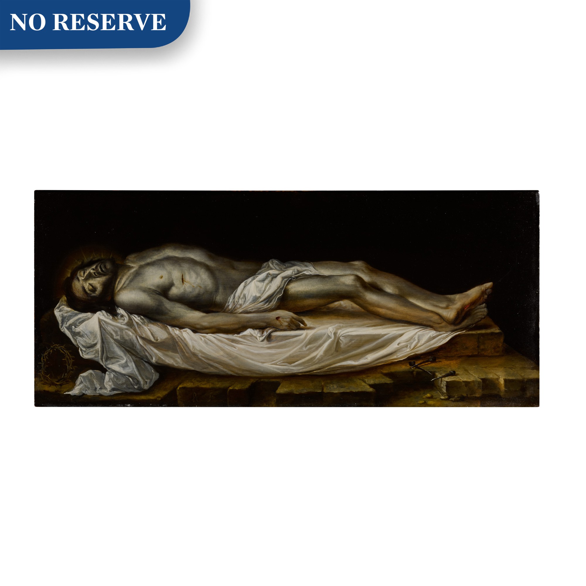 Joseph Hermann — Dead Christ laid on a white cloth with the Crown of Thorns and nails