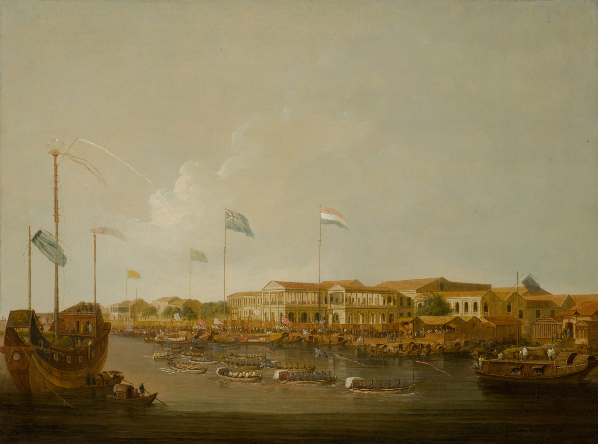 Thomas Daniell — The Hongs at Canton from the south-east, with a Regatta on the Pearl River