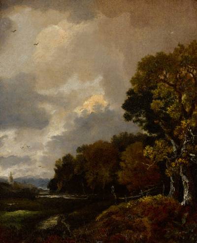 Landscape with trees and a field, a church tower in the distance