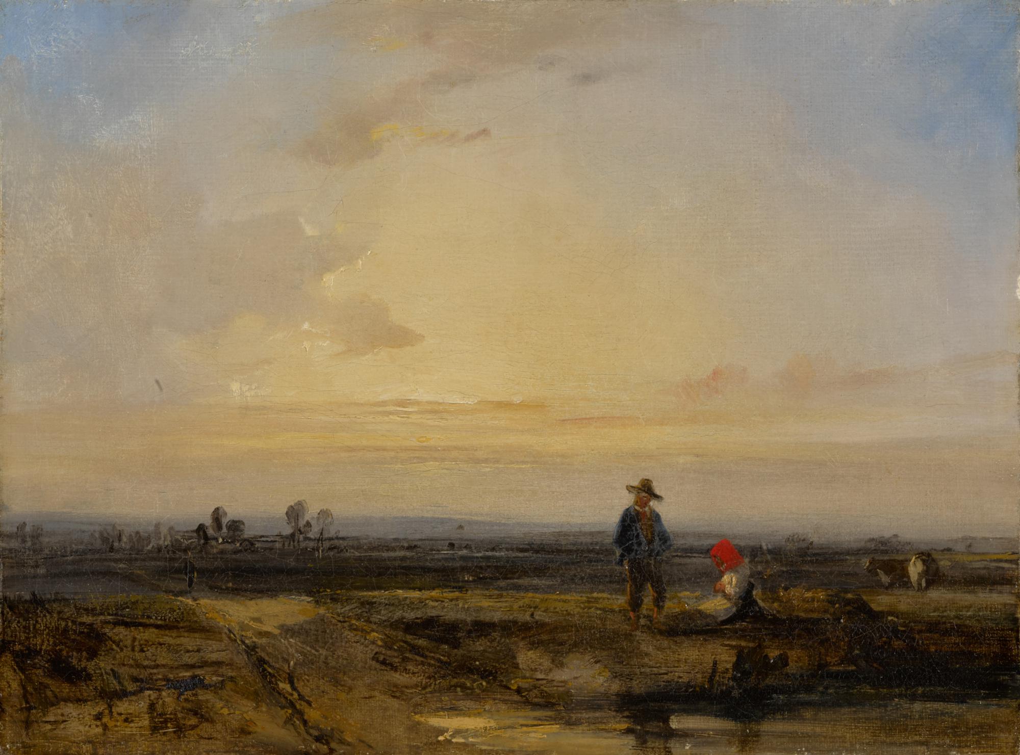 Richard Parkes Bonington — Landscape with sunset and figures before a pond