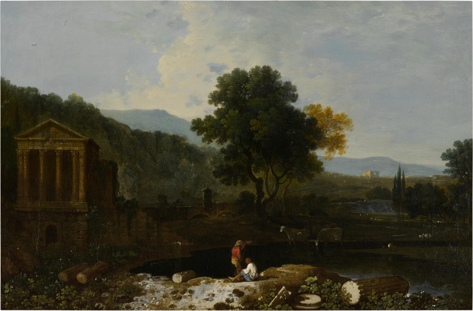 An Italian river scene, with the Temple of Clitumnus and ruins, two figures and cows