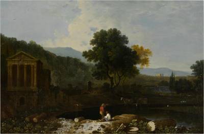 An Italian river scene, with the Temple of Clitumnus and ruins, two figures and cows