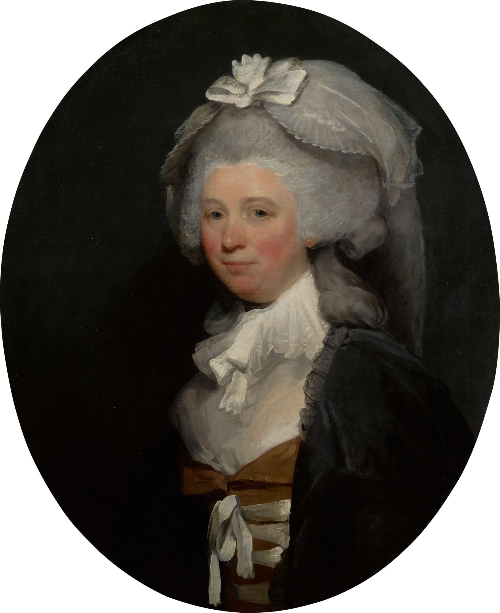 Portrait of a lady, half-length, wearing a brown dress with a black lace shawl and a white bonnet