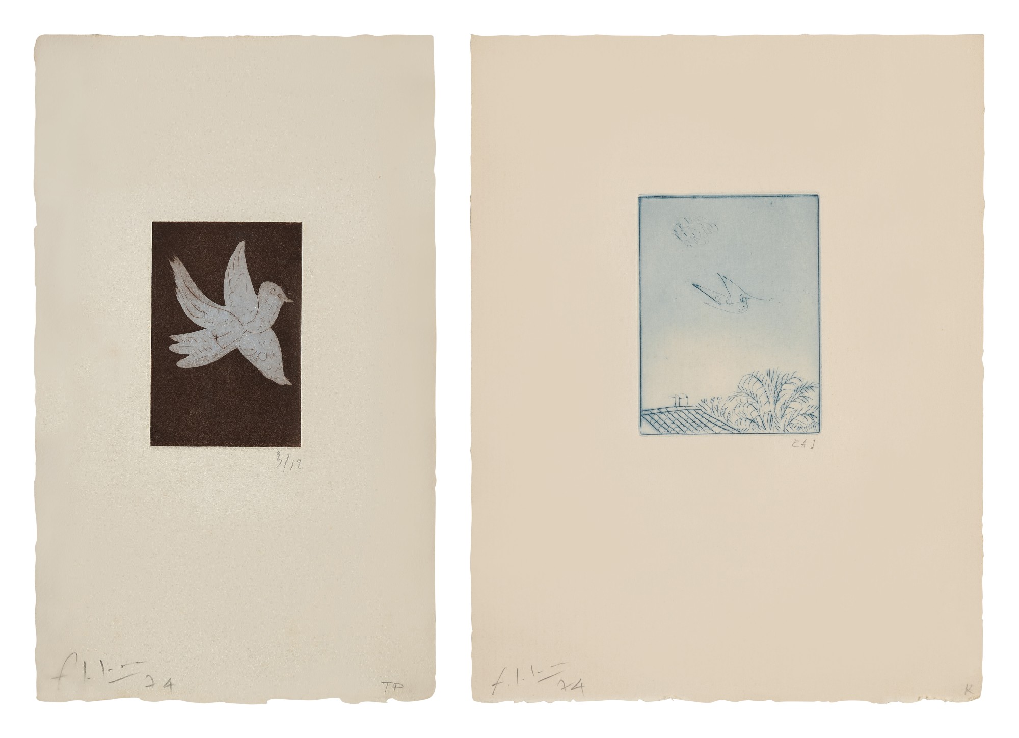 François-Xavier Lalanne — Oiseau par dessus le toît dans le ciel bleu; and Petit oiseau bleu à l'envol