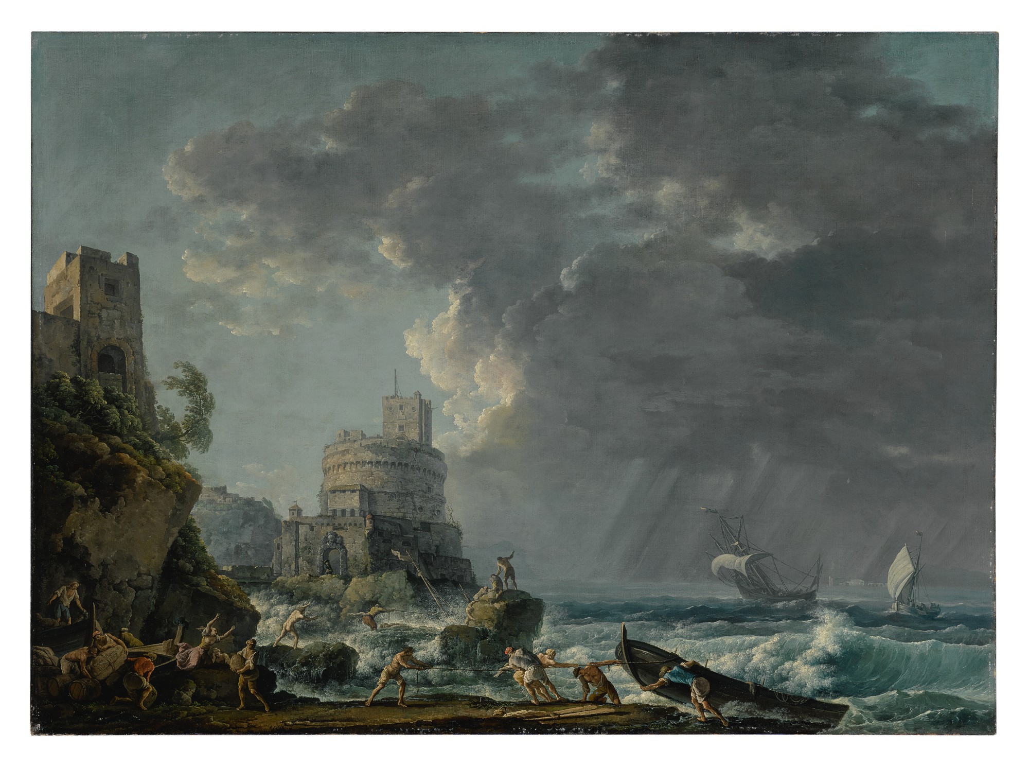 Carlo Bonavia — A storm off a rocky coast, with a shipwreck in the foreground and a fort on the rocky shoreline above