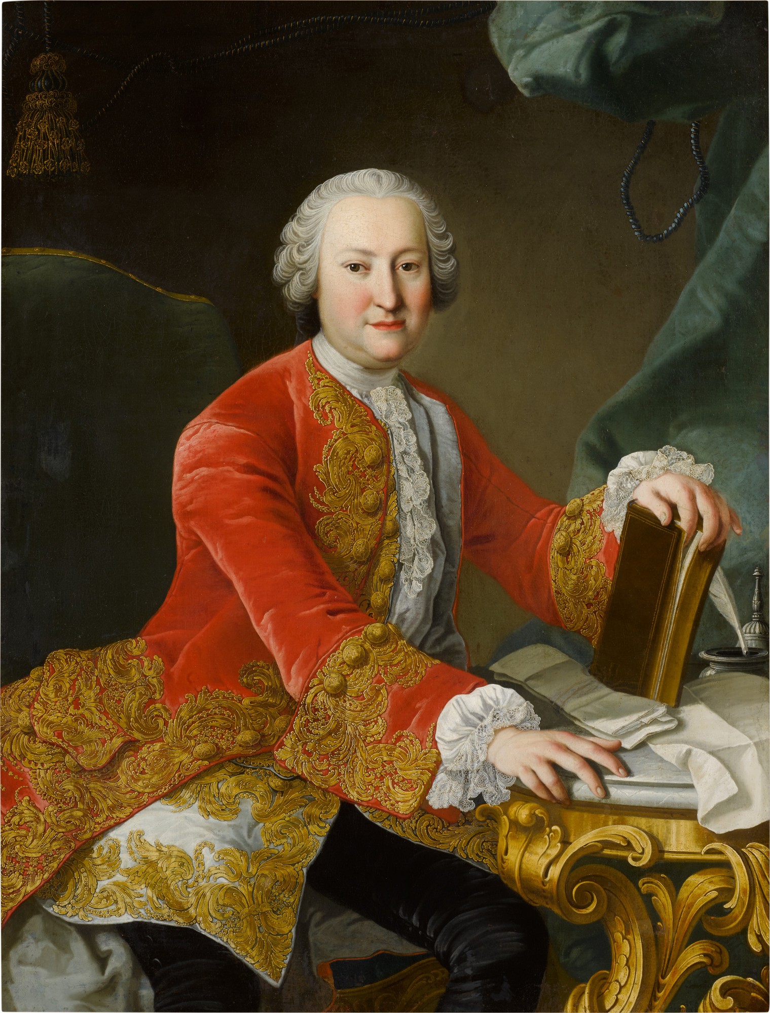Studio of Martin van Meytens the Younger — Portrait of a nobleman, wearing a red jacket and a white waistcoat and cravat beside a marble table, his hand resting on a book