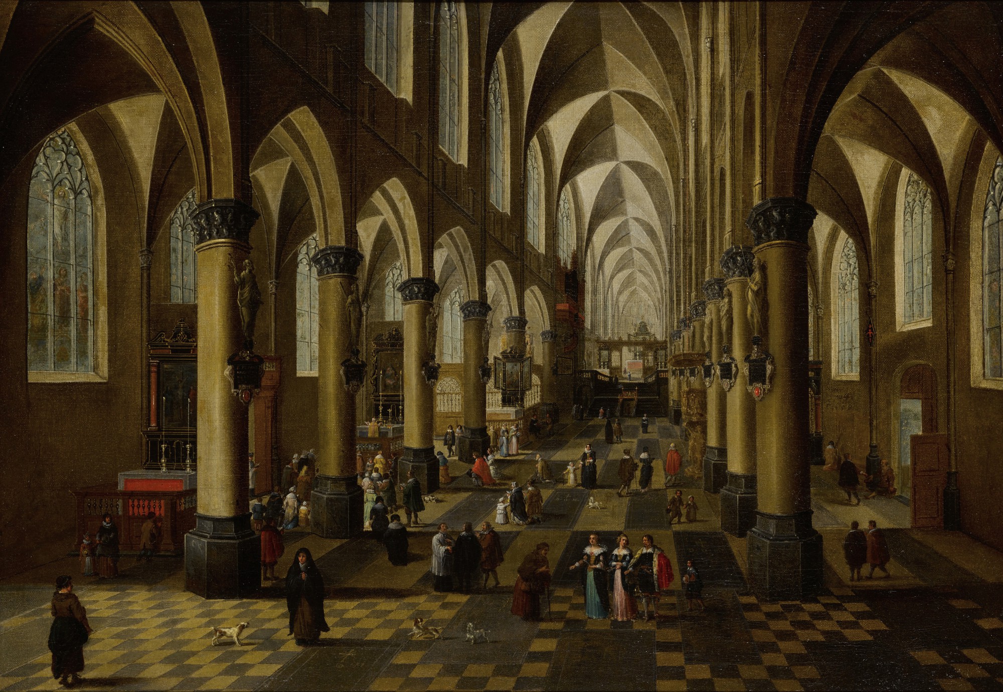 Pieter Neefs the Younger — The Church of Saint Walburga in Antwerp, with a Mass being said, many figures, and a door open on the right