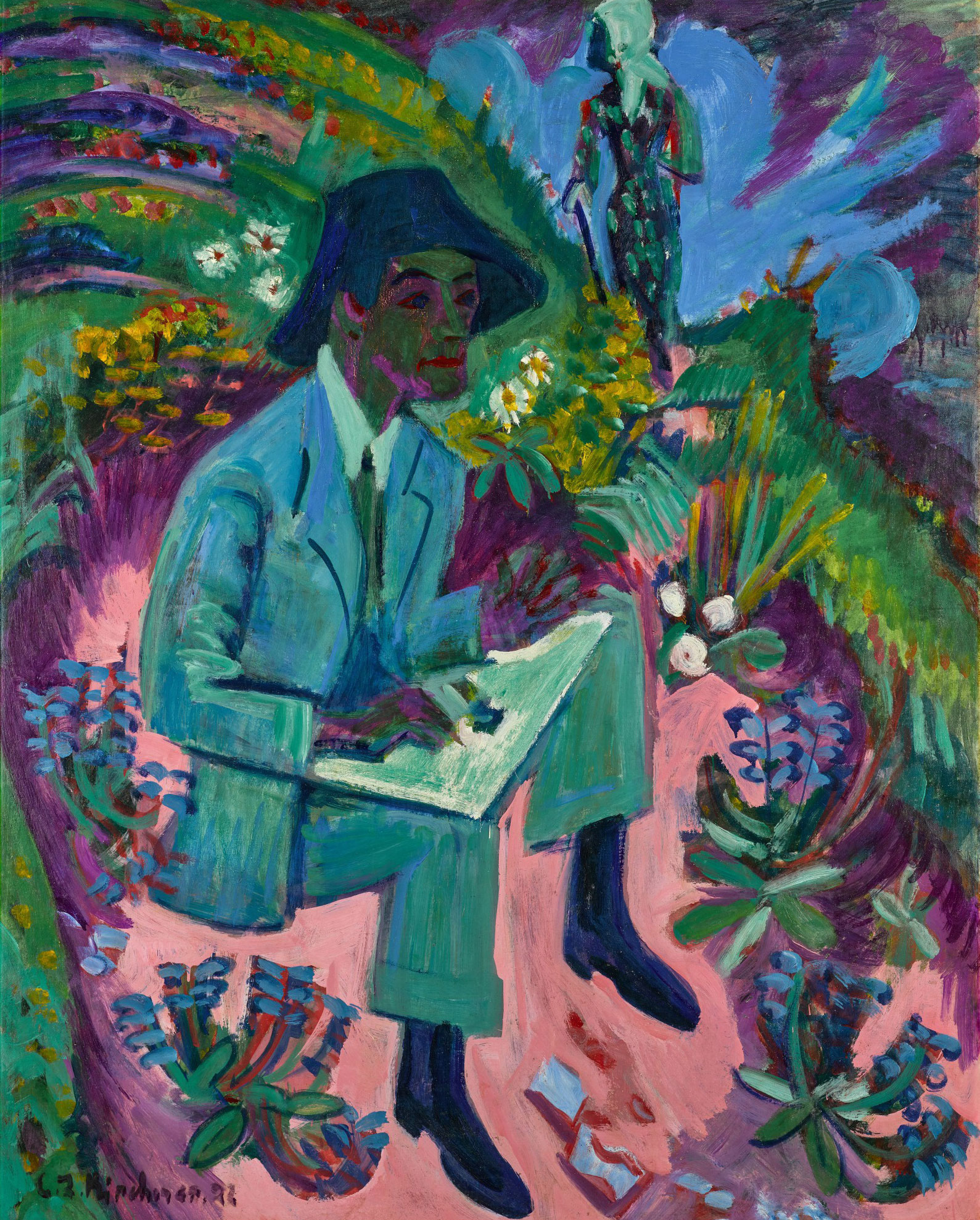 Grosses Schererportrait (Der Maler; Zeichnender Maler; Grünes Selbstbildnis vor Landschaft)