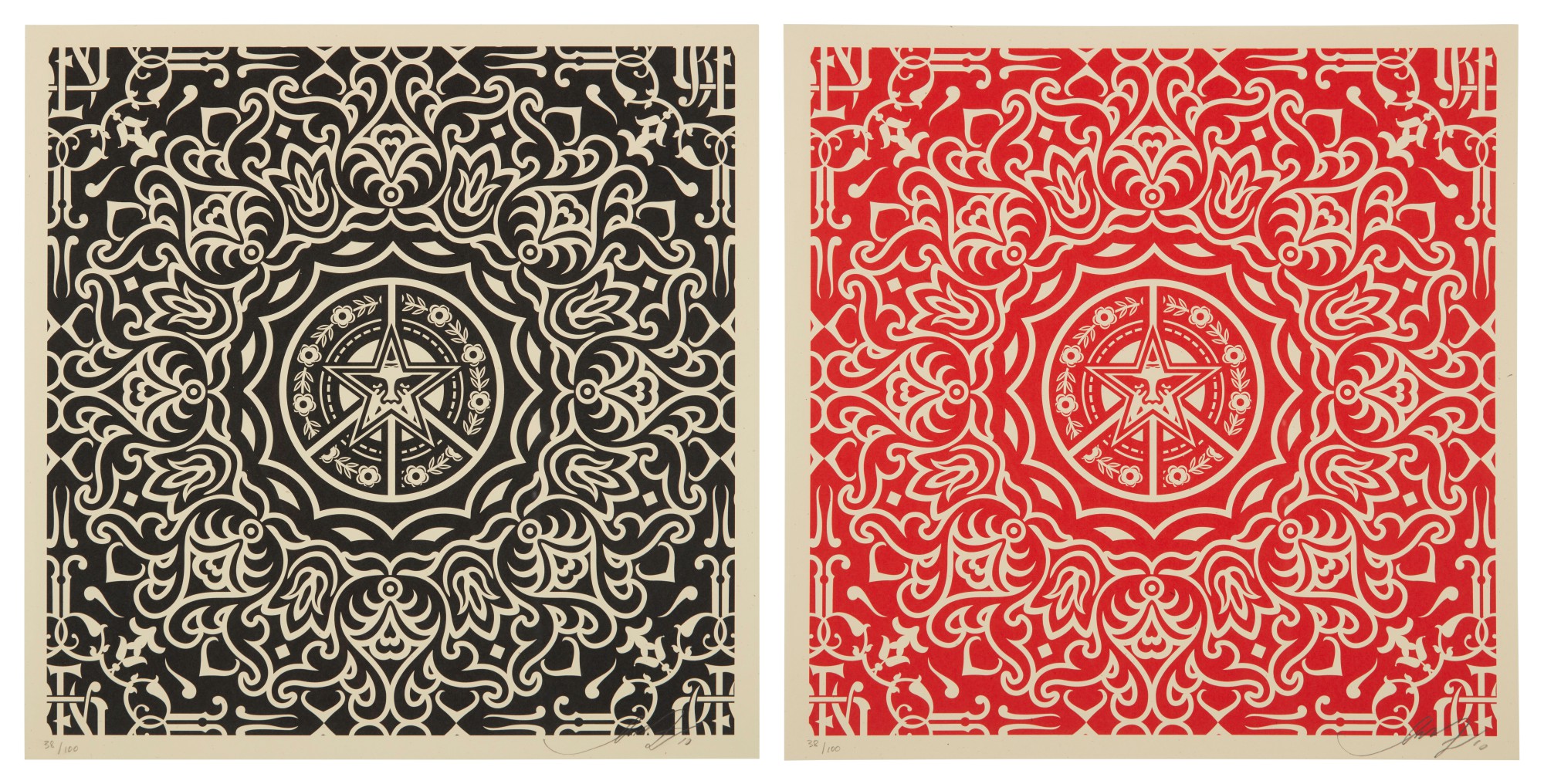 Shepard Fairey — ORNATE PATTERN BLACK; and ORNATE PATTERN RED (2 Prints)