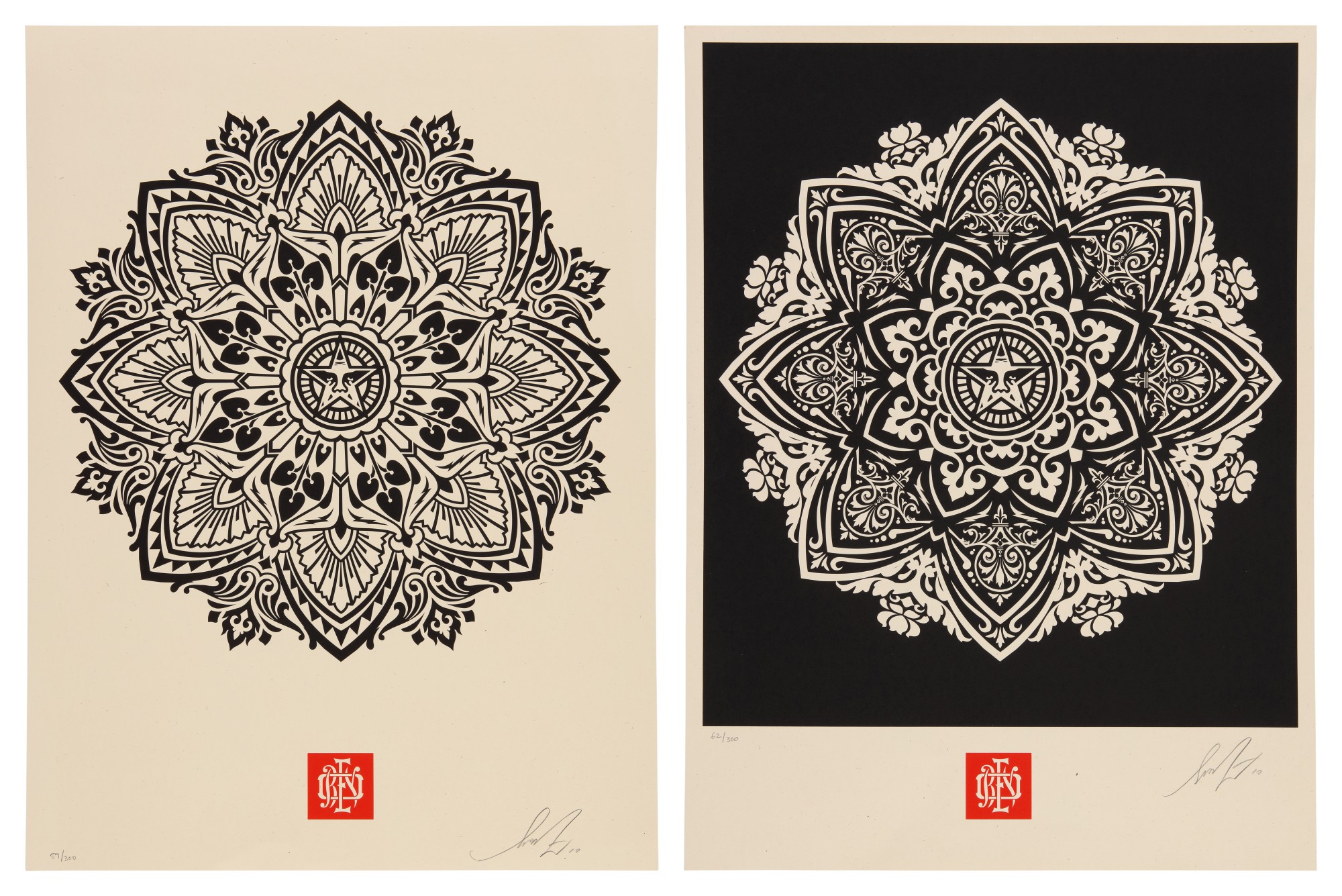 Shepard Fairey — MANDALA ORNAMENT 2 CREAM; and MANDALA ORNAMENT 1 BLACK (2 Prints)