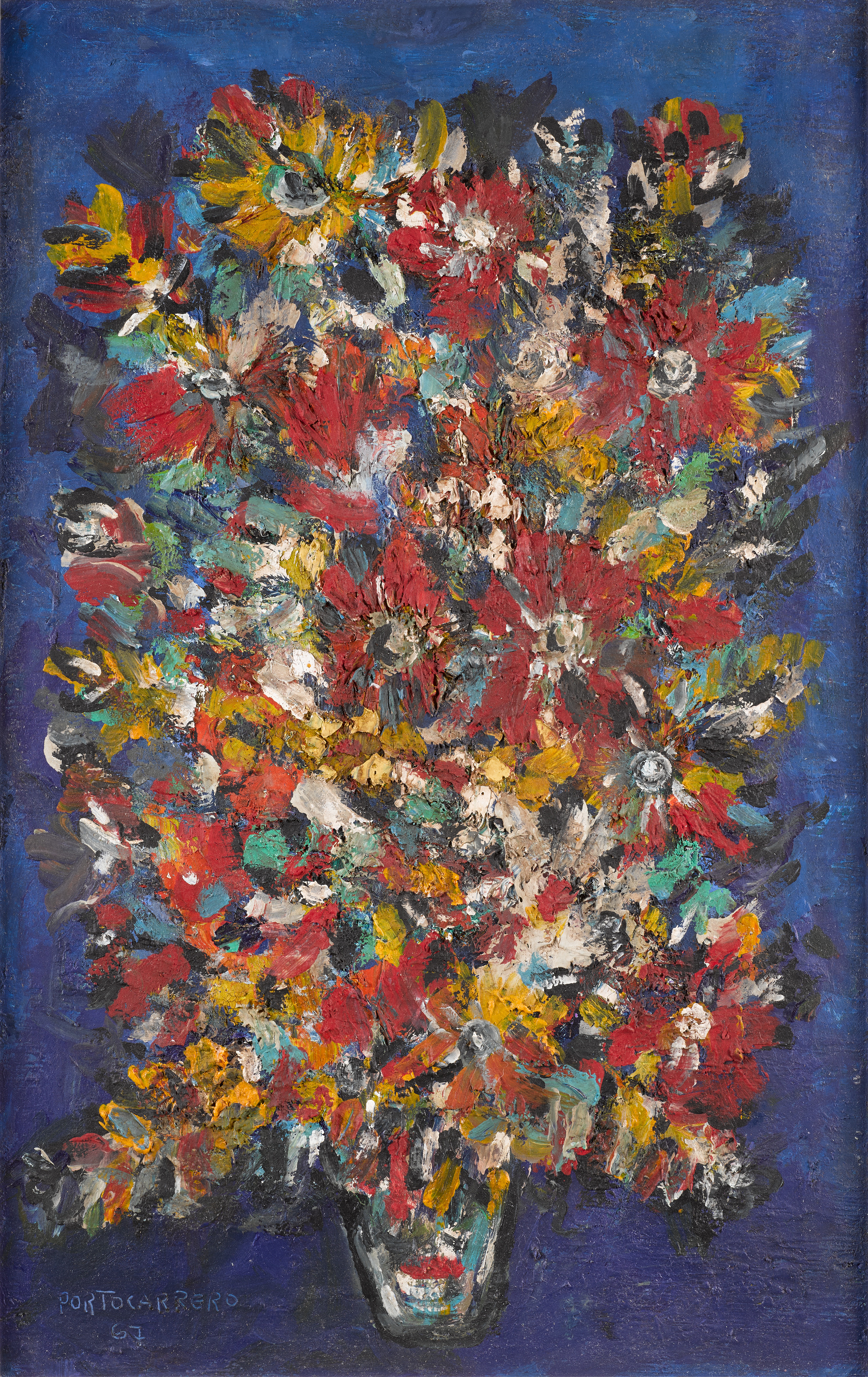 René Portocarrero — Flores con fondo azul