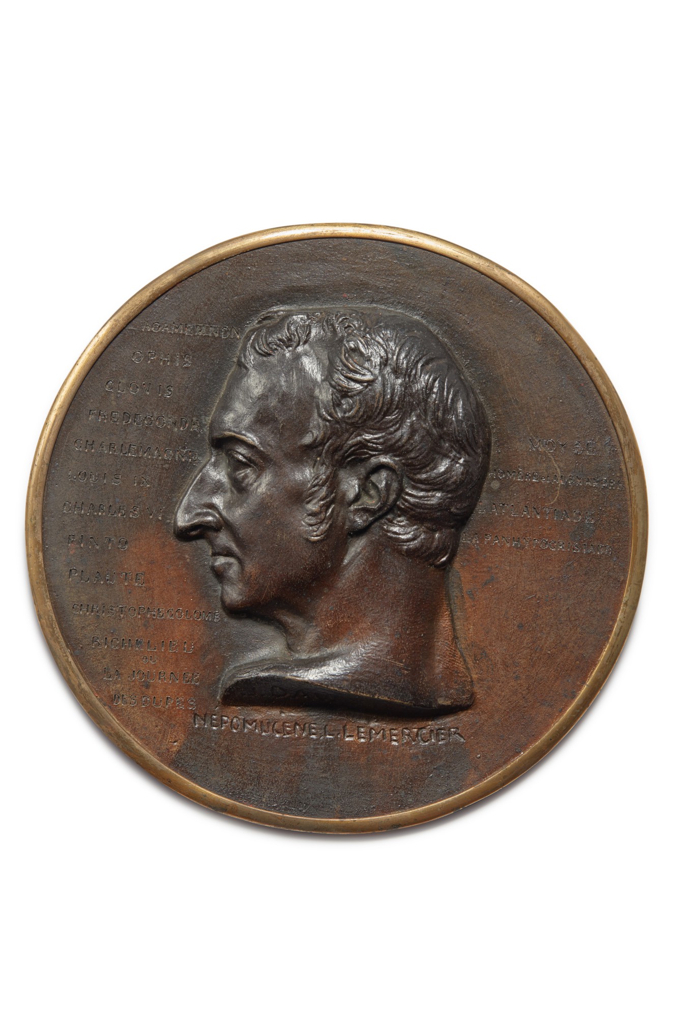 Unknown — Five Portrait Medallions of Poets including Népomucène Lemercier, Zacharias Werner, Pierre-Jean de Béranger, Lord Byron, and Auguste-Marseille Barthelemy  one signed and dated P.J. David 1832 and inscribed Nepomucene L. Lemercier with names of other historical figures