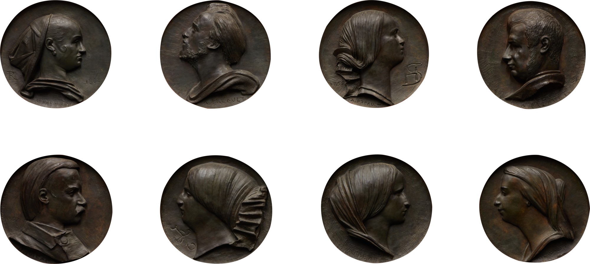 Unknown — Eight Portrait Medallions depicting artists, authors, and actors including Xavier Sigalon, Henrietta Smithson, Jules-Robert Auguste, Mr. and Mrs. Paul Meurice, Louise Astoud-Trolley, and Adele Hugo in a large wooden frame