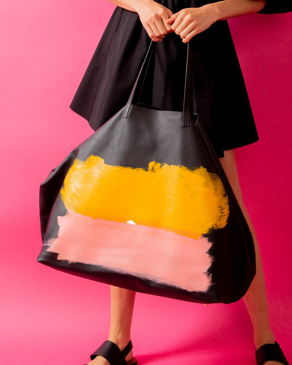 Oversized Black Leather Tote Bag hand with Hand Painting by Grear Patterson, 2021