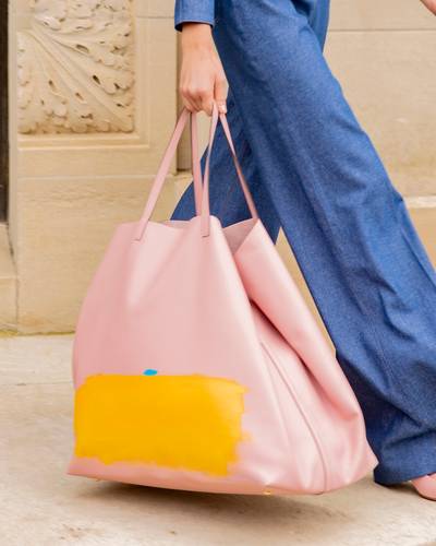 Oversized Pink Leather Tote Bag hand with Hand Painting by Grear Patterson, 2021