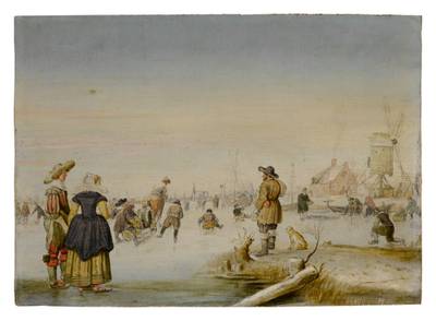 Figures skating on a frozen lake with an elegant couple in the foreground