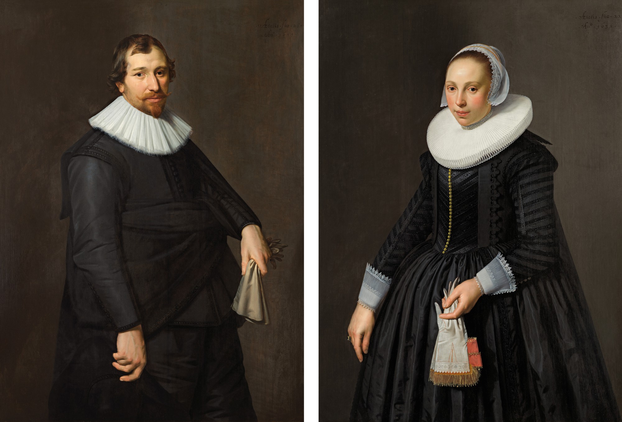 Nicolaes Eliasz. Pickenoy — Portrait of a man in black holding a pair of kid leather gloves; Portrait of a lady in black holding a pair of kid leather and coral silk gloves