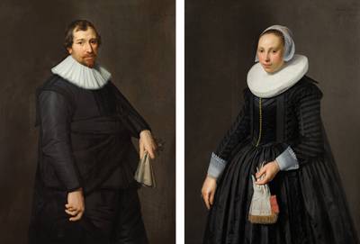 Portrait of a man in black holding a pair of kid leather gloves; Portrait of a lady in black holding a pair of kid leather and coral silk gloves