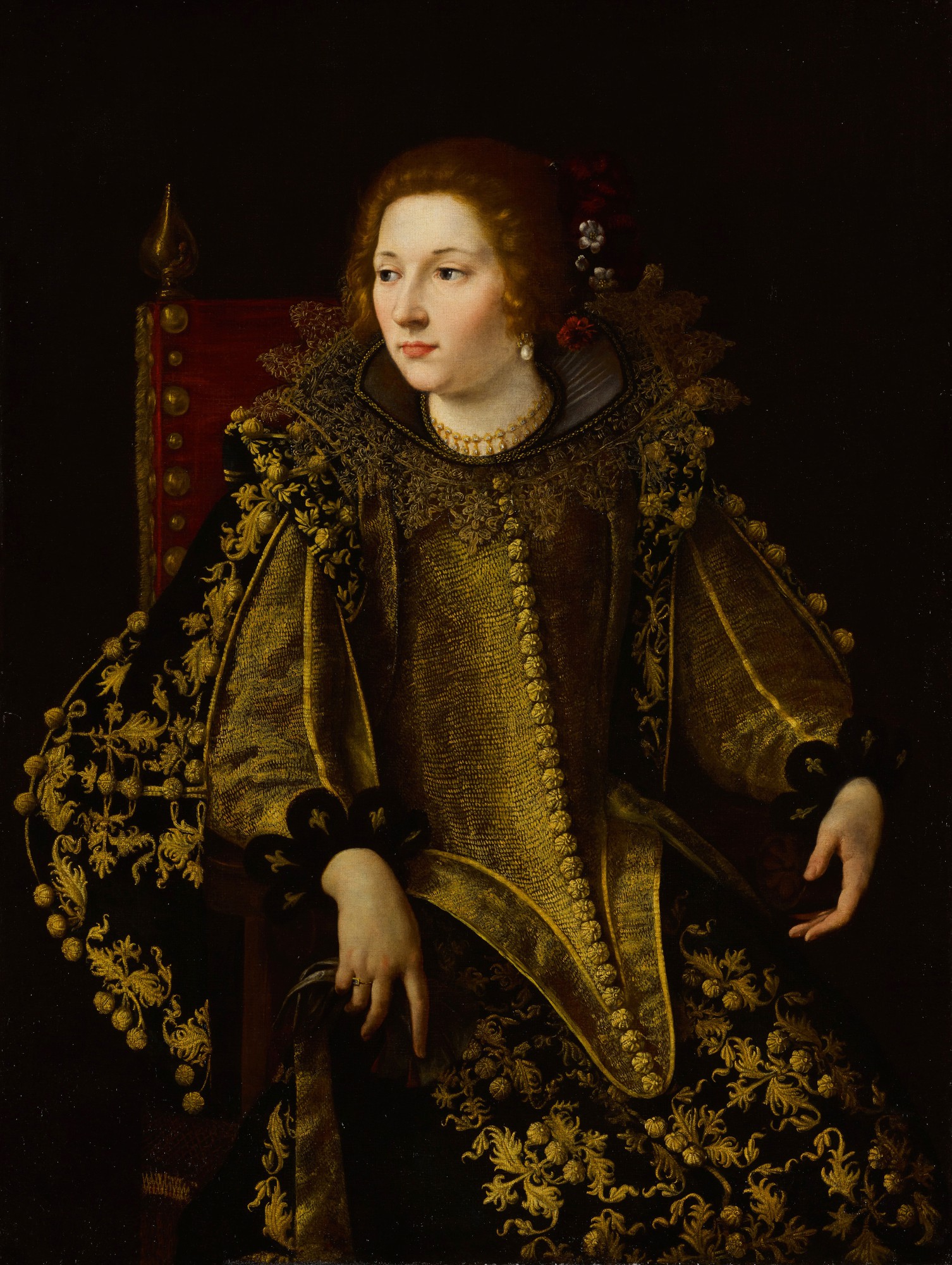 Artemisia Gentileschi — Portrait of a seated lady, three-quarter length, in an elaborate and gold-embroidered costume, possibly Caterina Savelli, Principessa di Albano
