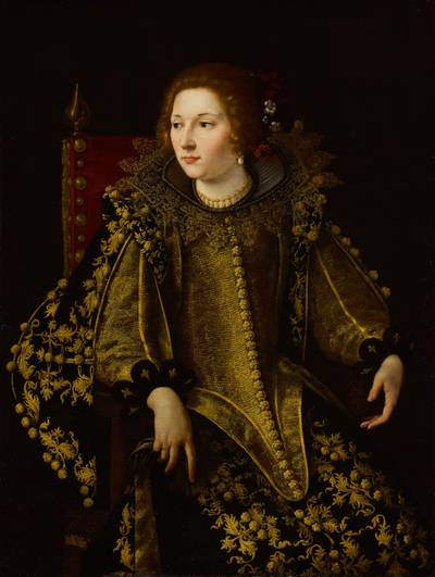 Portrait of a seated lady, three-quarter length, in an elaborate and gold-embroidered costume, possibly Caterina Savelli, Principessa di Albano
