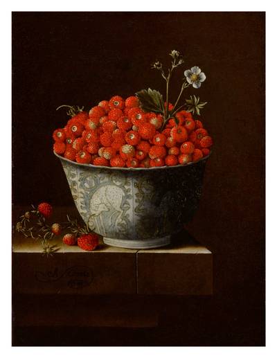 Still life of fraises-de-bois in a Wan-Li bowl upon a stone ledge
