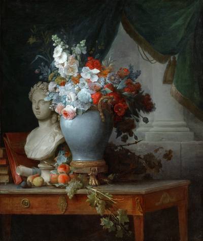 Still life of flowers in a vase on a table beside a bust of Flora, with fruit and other objects with a curtain beyond
