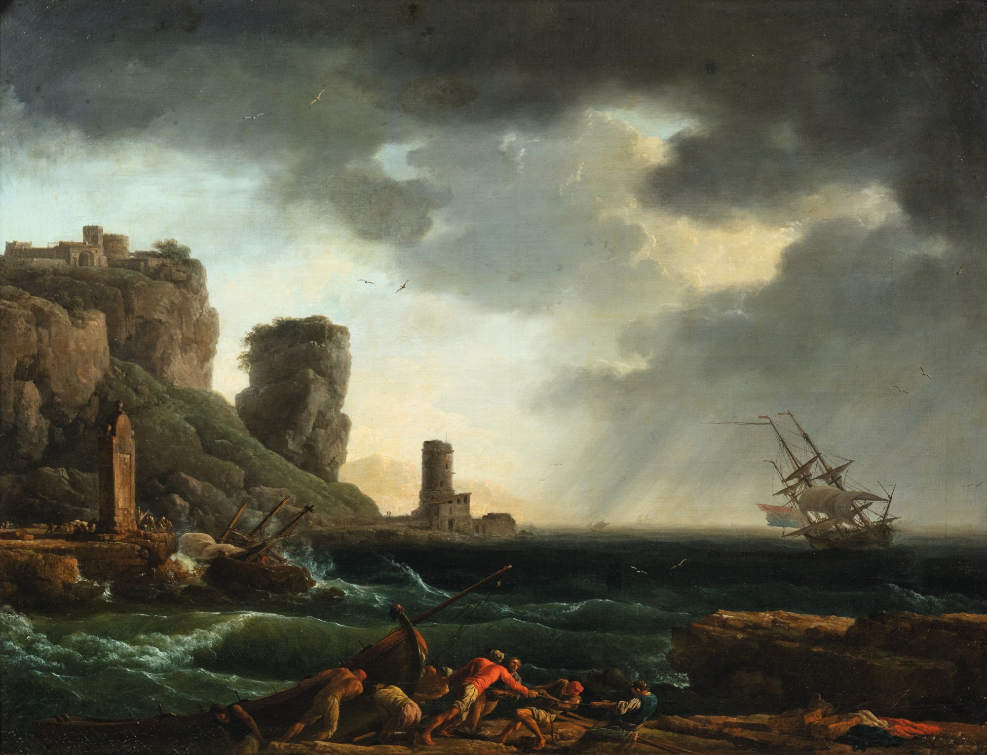 A storm near a rocky coast, with a group of fishermen pulling a wrecked boat in the foreground