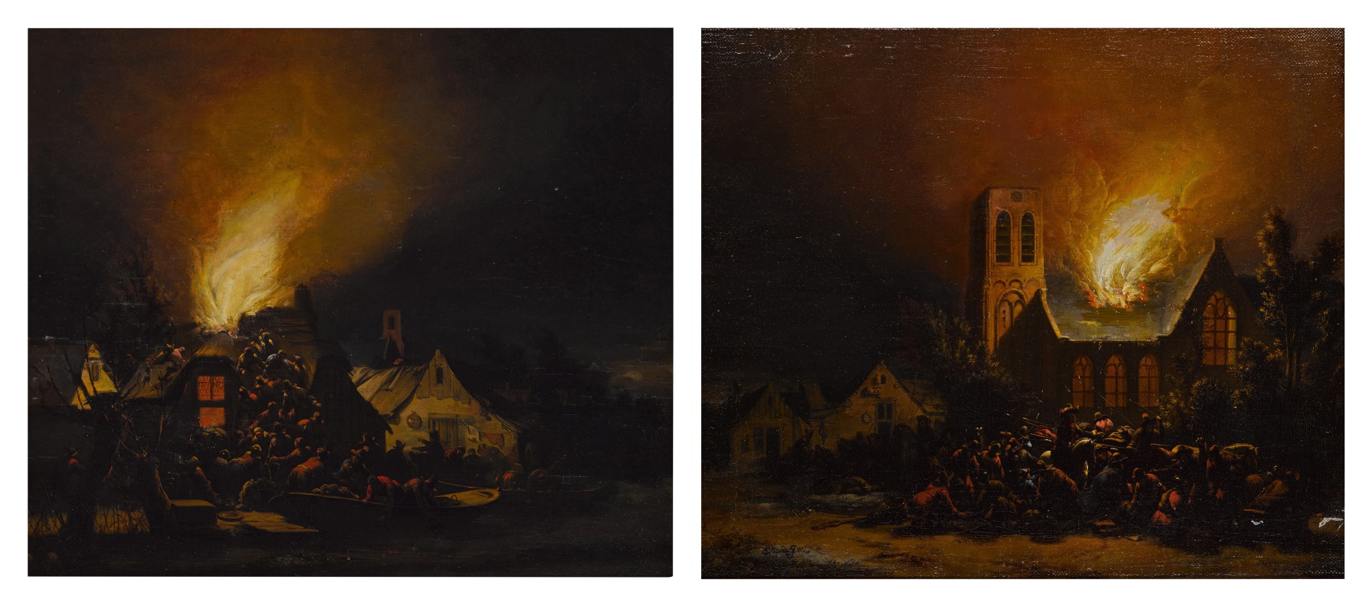 Egbert Lievensz. van der Poel — Nocturnal village fire scenes, a pair